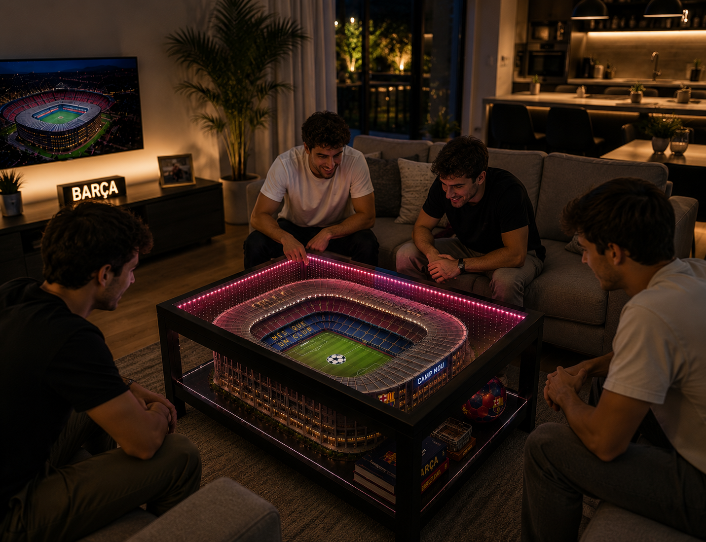 Friends watching the match around the Stadium Table