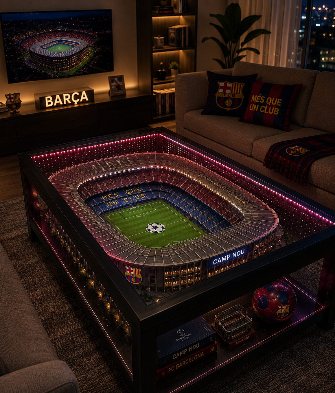 Stadium Table – Camp Nou edition glowing in a living room