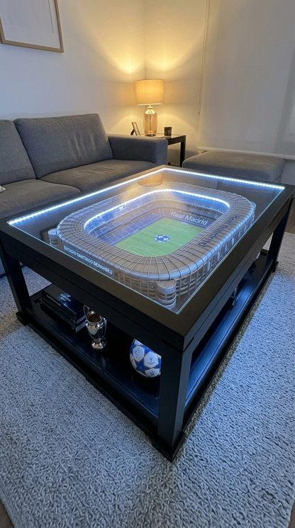 Football Stadium Table glowing with LED lights in an evening living room