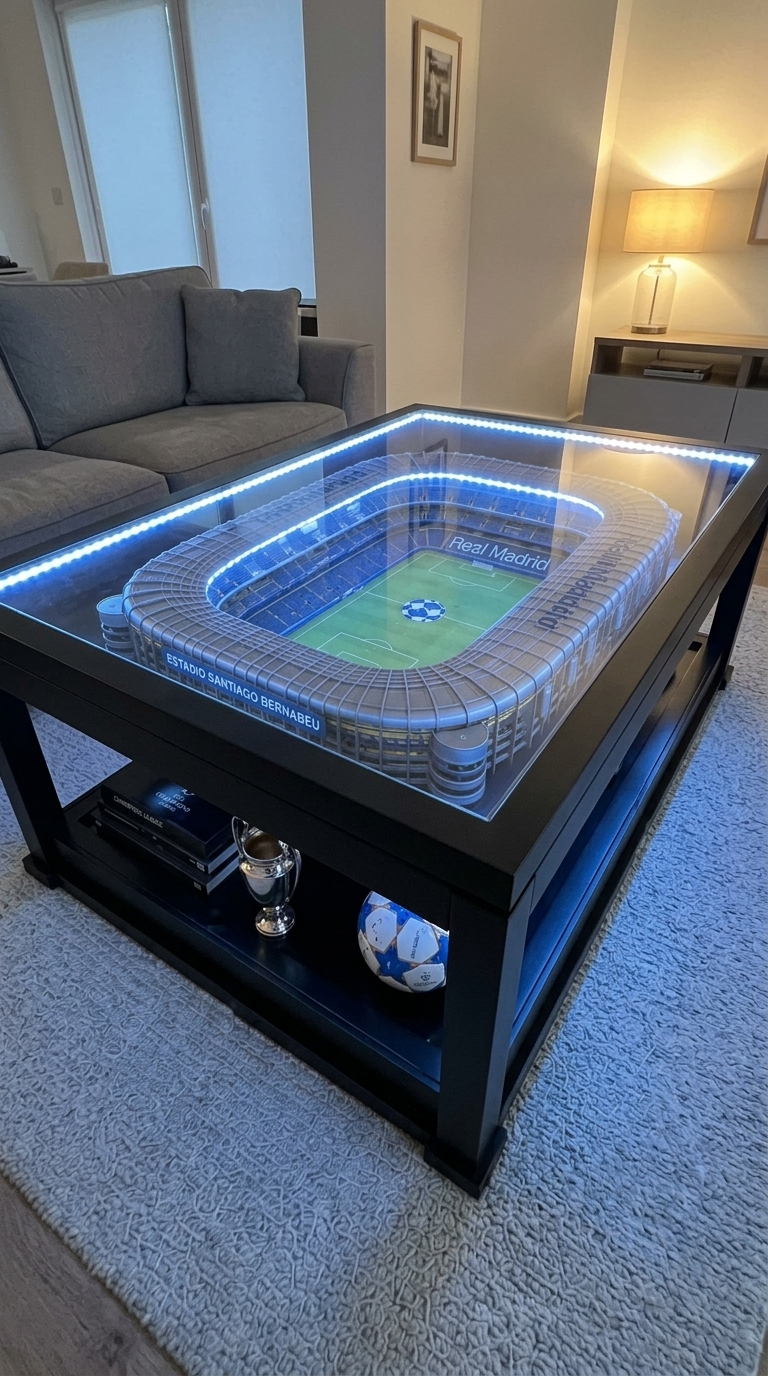 Football Stadium Table – Real Madrid Edition, LED-lit Bernabéu replica coffee table